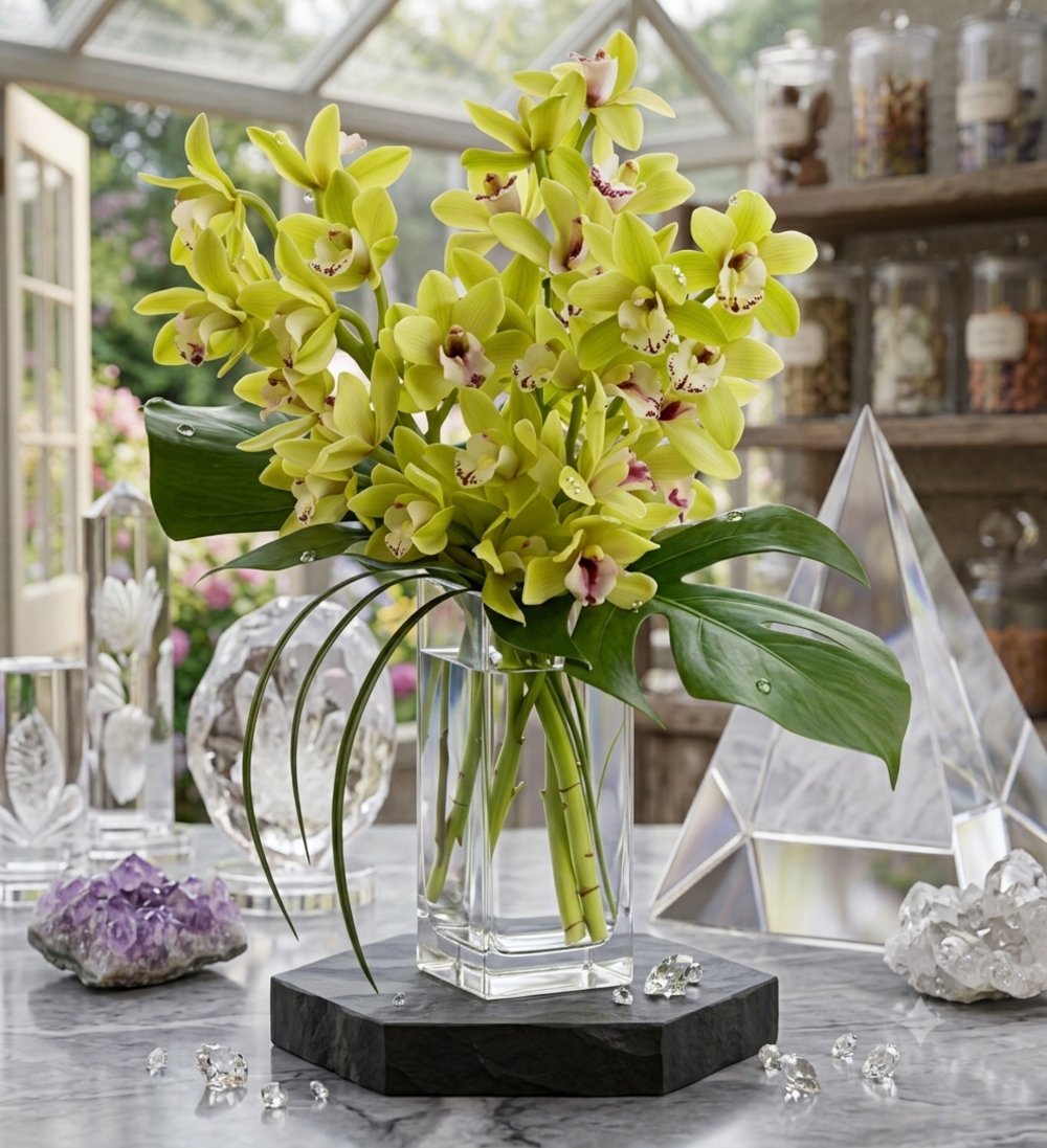 2 Stems of Green Cymbidium Orchids