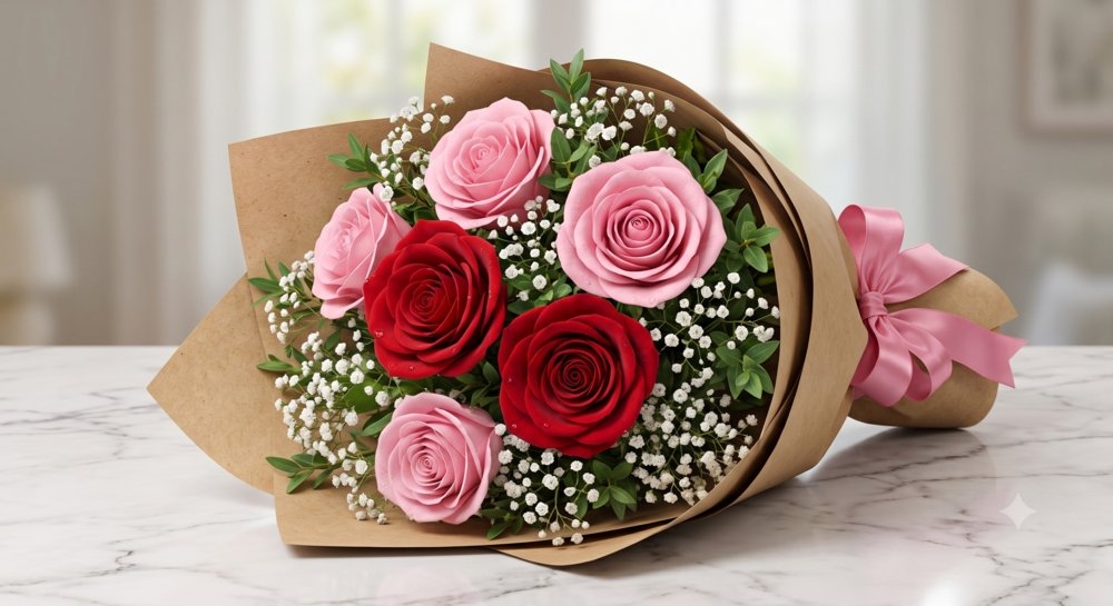 3 Red and 3 Pink Roses Bouquet