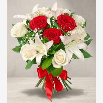 Red and White Roses with Lilies Bouquet