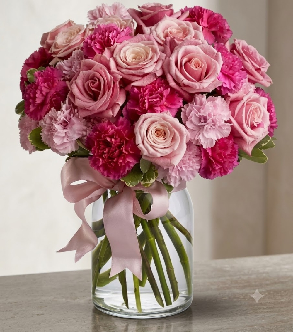 Pink Roses and Carnations in a Vase
