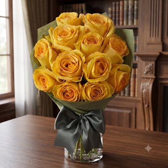 Fresh Yellow Roses in Glass Vase