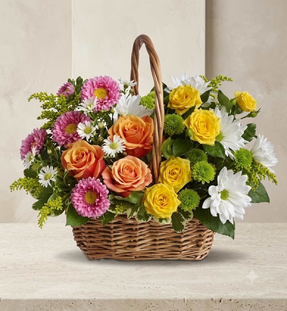 Mixed Pink, Yellow and Orange Flowers Basket