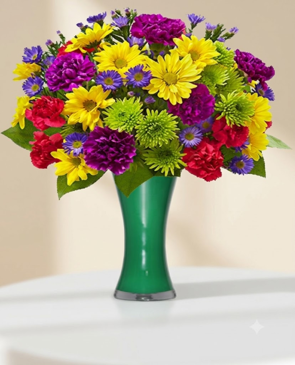 Mixed Color Flowers in Green Vase
