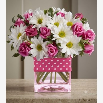 Pink Roses and White Daisies Vase