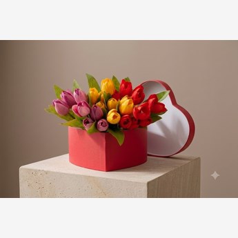 Mixed Color Tulips in Heart Box