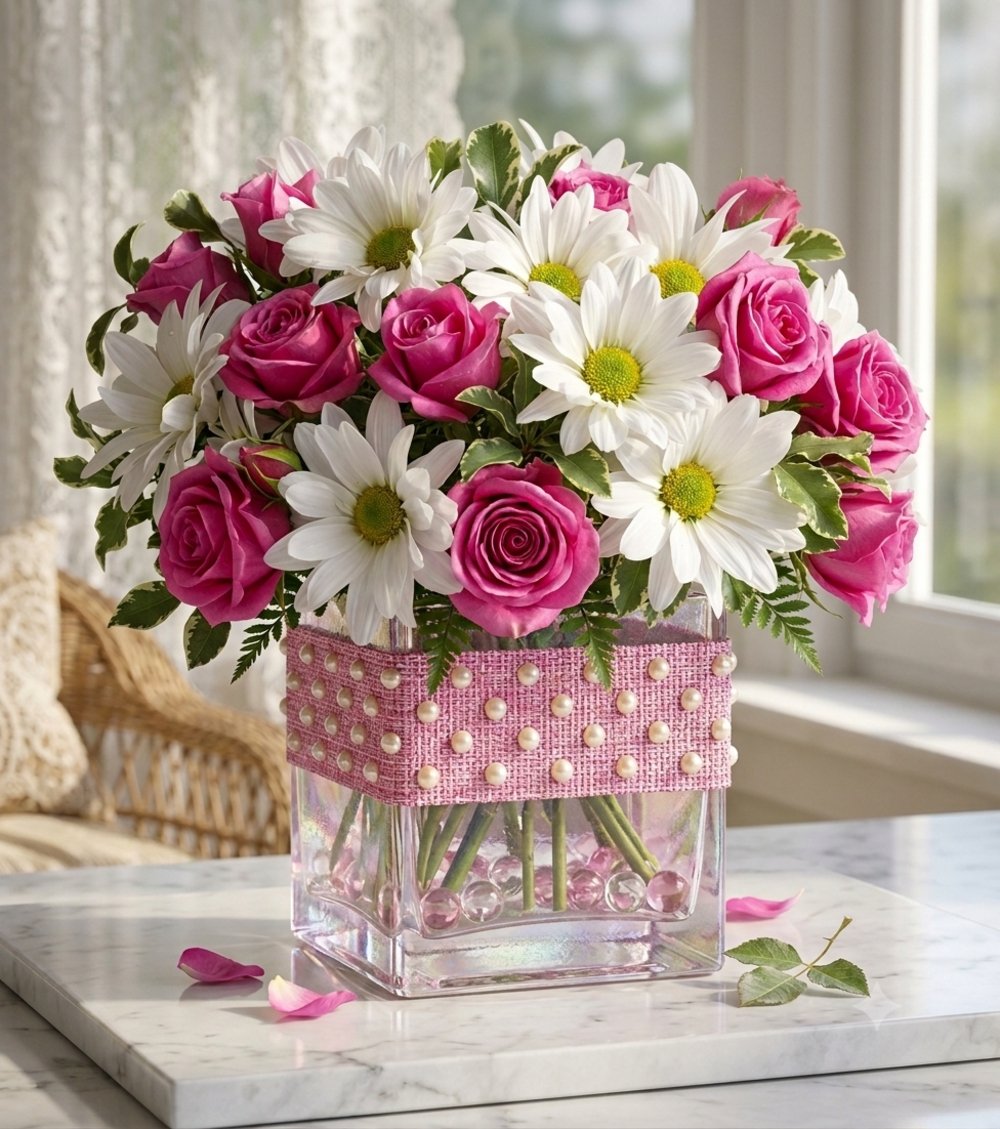 Vase with 10 Stems Of Pink Roses & 5 Stems of White Chrysanthemums