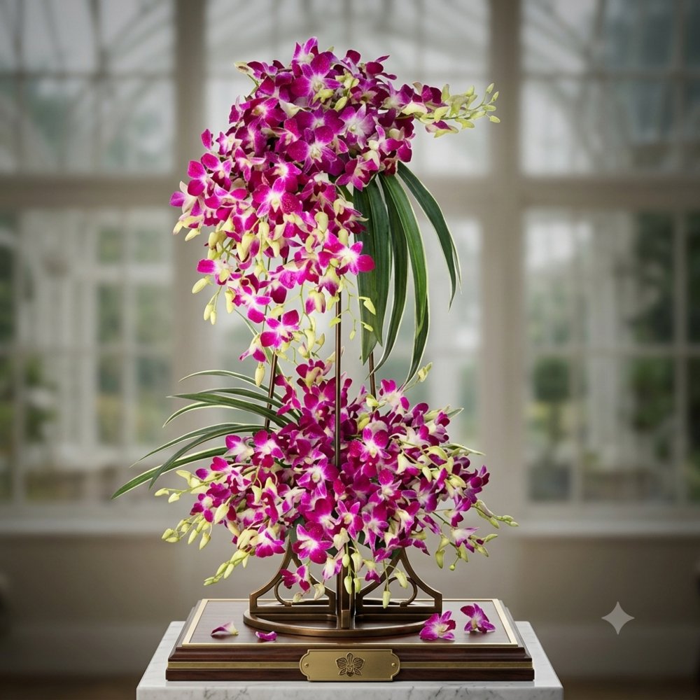 Two layer Orchid arrangement on a stand