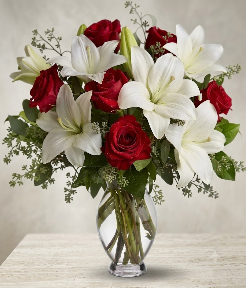 Red Roses with White Lilies in Vase