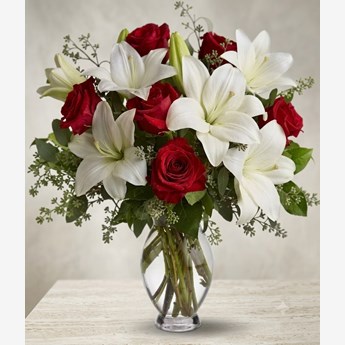 Red Roses with White Lilies in Vase