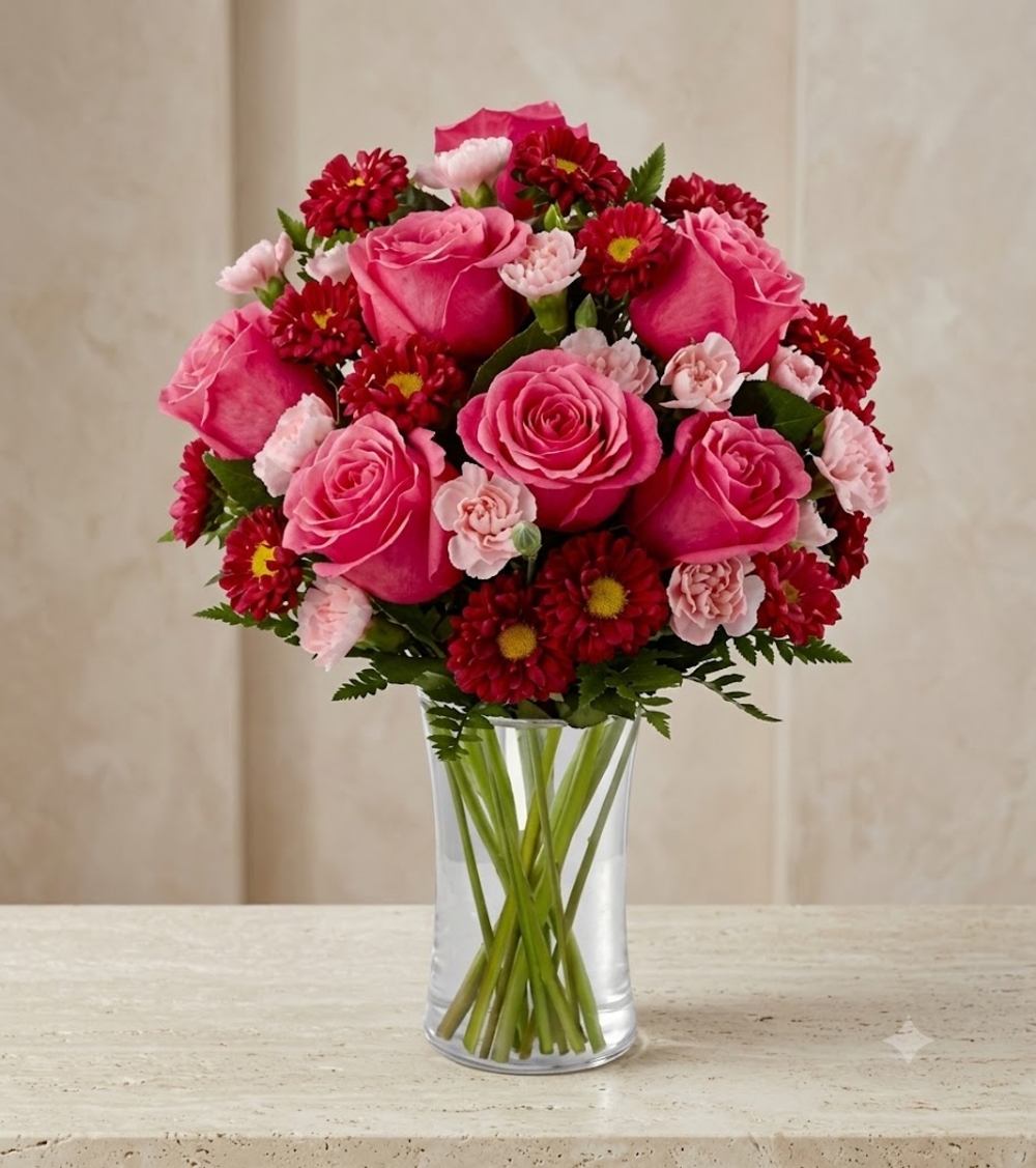 Pink Roses and Red Chrysanthemums