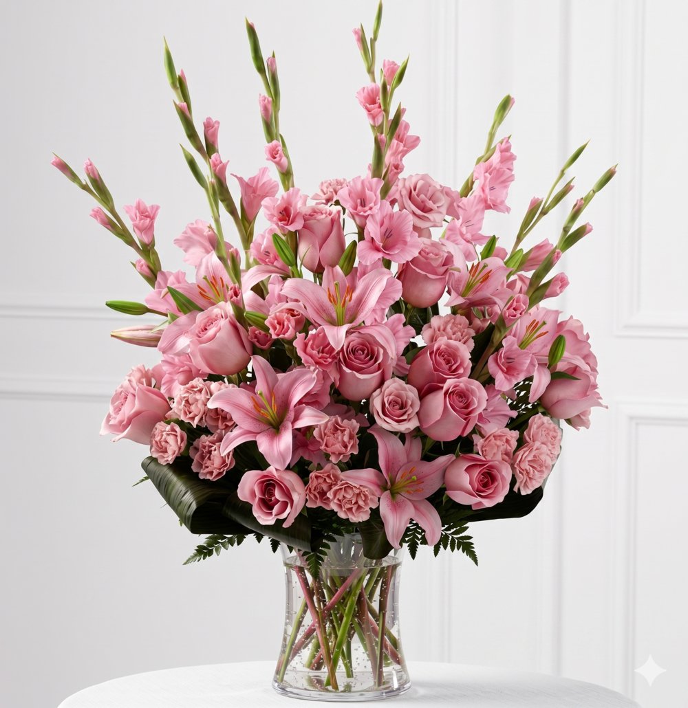 Vase with 5 Pink Lilies , 10 Pink Gladioli , 10 Pink Roses & 10 Pink Carnations