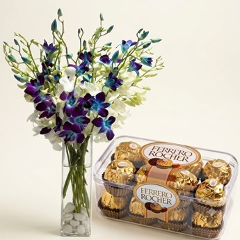 Blue and White Orchid Bouquet with Ferrero Rocher