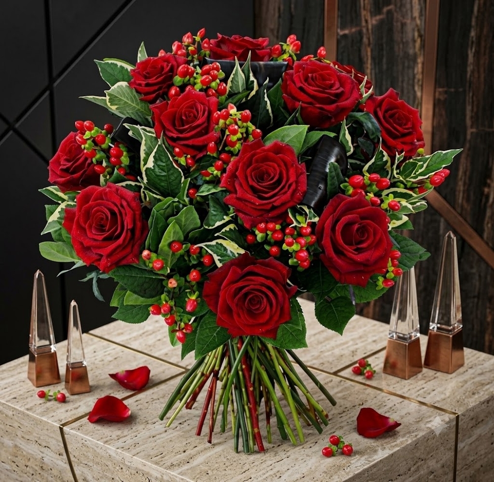 Red Roses with Berries Bouquet
