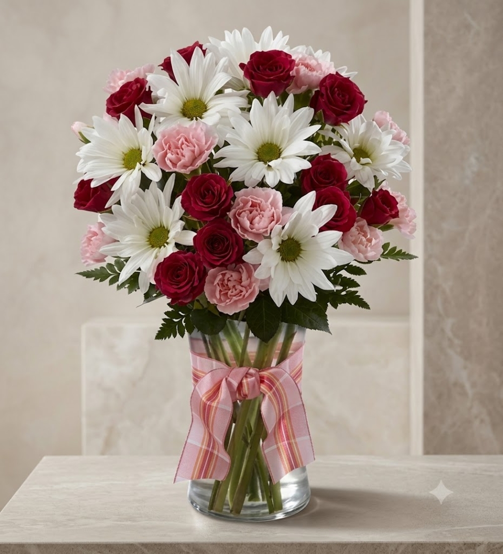 Red and White Rose Daisy Vase