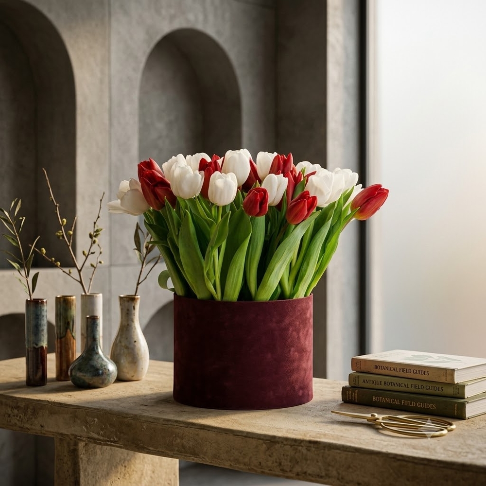 Red and White Tulips in a Vase
