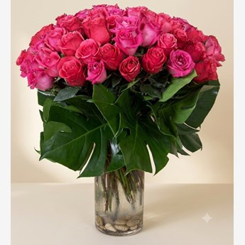 60 Pink Roses in a Vase