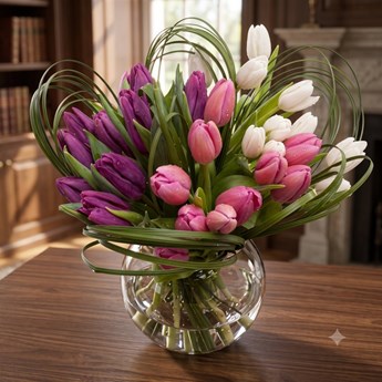 Mixed Pink, Purple and White Tulips in a Vase