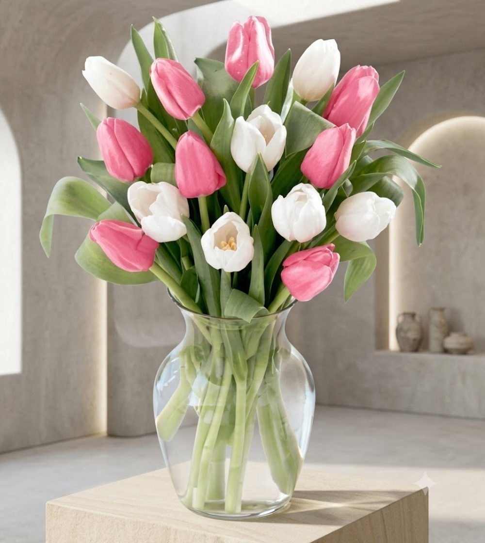 Pink and White Tulip Bouquet in Vase