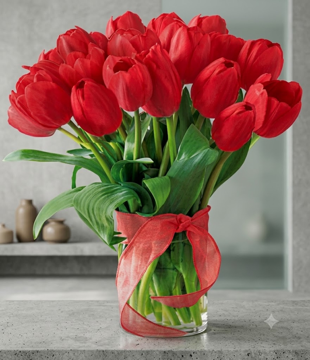 20 Red Tulips in a Vase