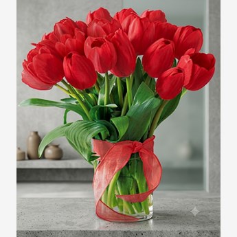 20 Red Tulips in a Vase