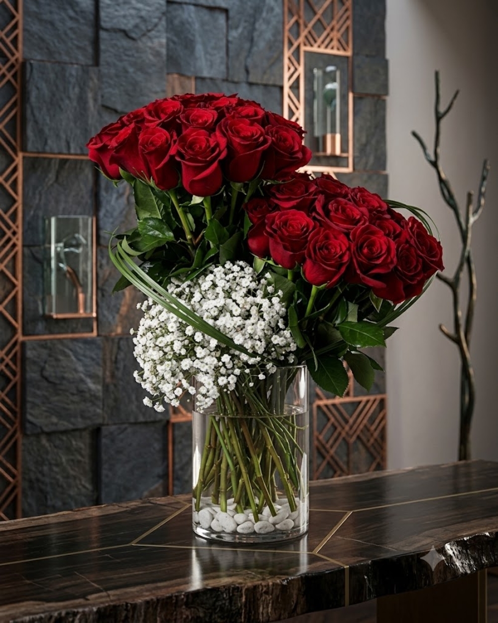 Red Roses with Baby’s Breath 
