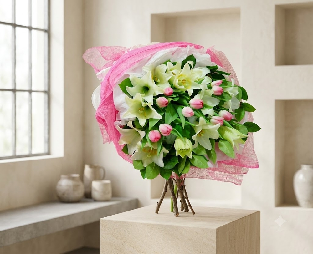 White Lily Bouquet with Pink Accents