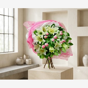 White Lily Bouquet with Pink Accents