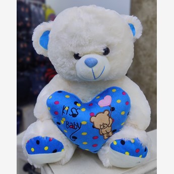 White Teddy Bear Holding a Blue Heart Pillow ( 40cms)