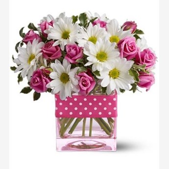 Vase with 10 Stems Of Pink Roses & 5 Stems of White Chrysanthemums