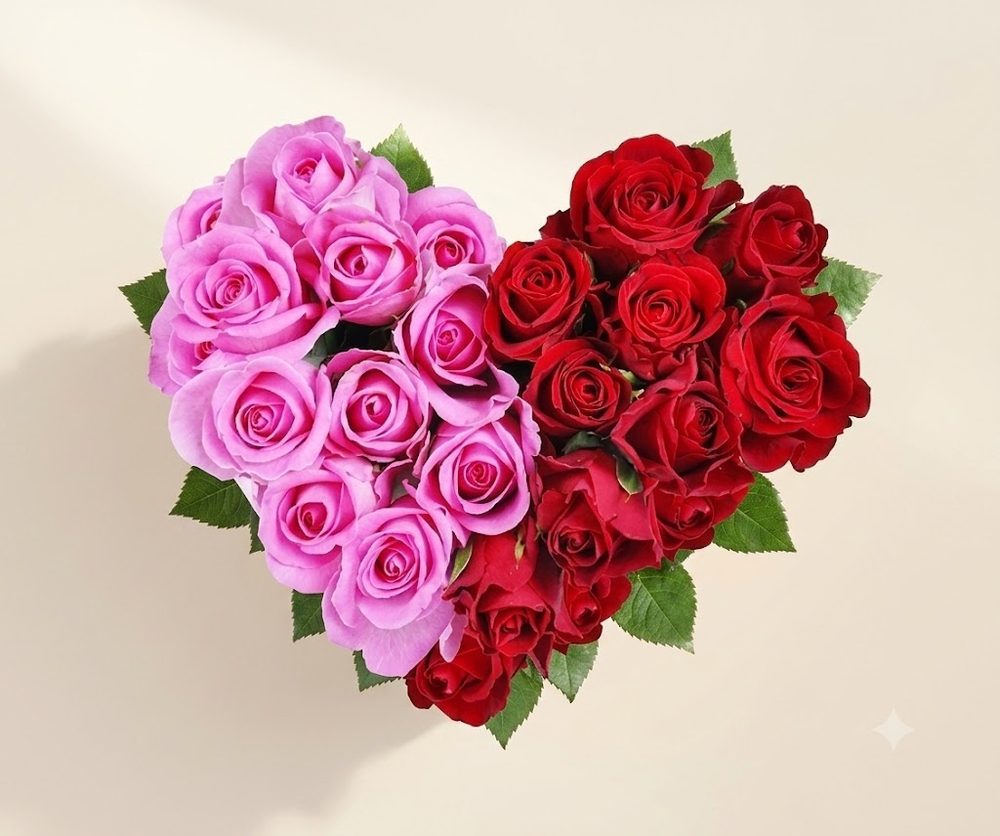 Heart Red and Pink Roses Arrangement
