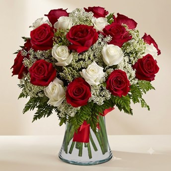 Red, White Roses with Gypsophila