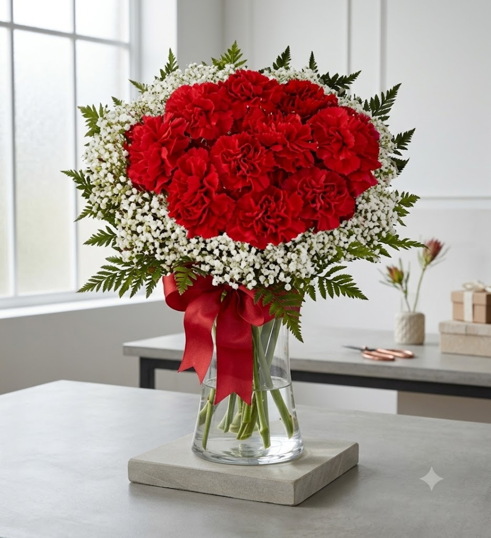 Red Carnations with Baby's Breath in Vase