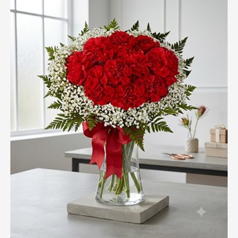 Red Carnations with Baby's Breath in Vase