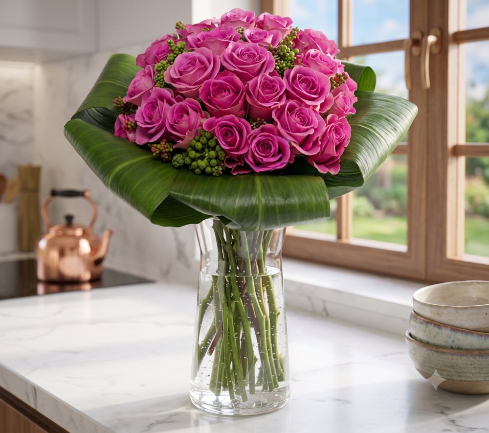 Vase with 30 Purple Roses , with folded green leaves