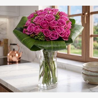 Vase with 30 Purple Roses , with folded green leaves