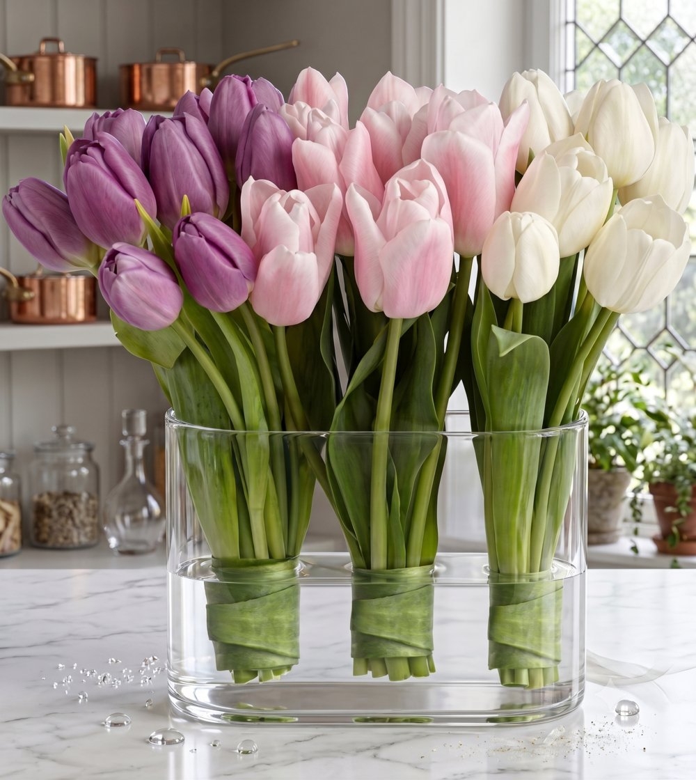 30 Mixed Pink, Purple and White Tulips in a Vase