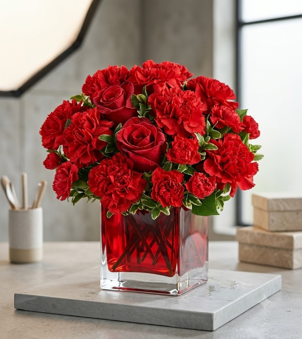 Red Roses and Carnation Vase