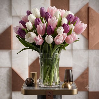 Mixed Pink, Purple and White Tulips in a Vase