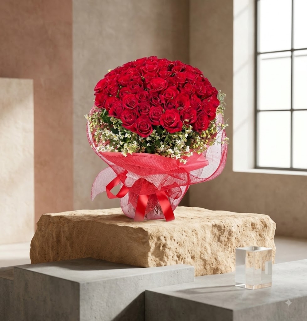 Red Roses with Baby’s Breath Bouquet
