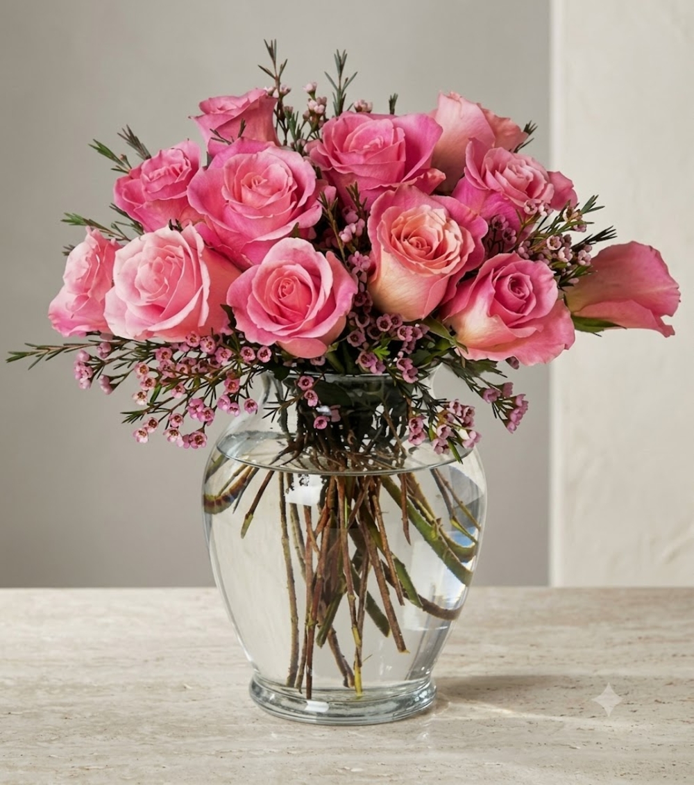 Pink Roses Bouquet in Glass Vase