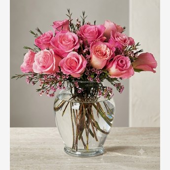 Pink Roses Bouquet in Glass Vase