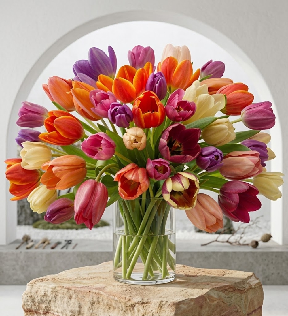 Mixed Color Tulip Bouquet in a Vase