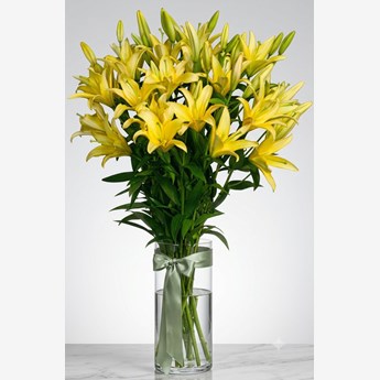 Vase with 10 Stems of Yellow Lilies