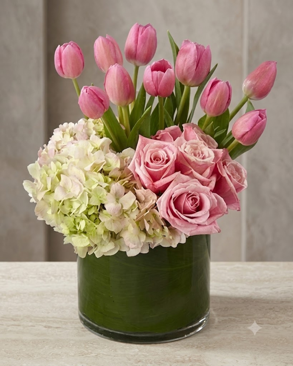 Pink Tulips, Roses and Hydrangea Vase