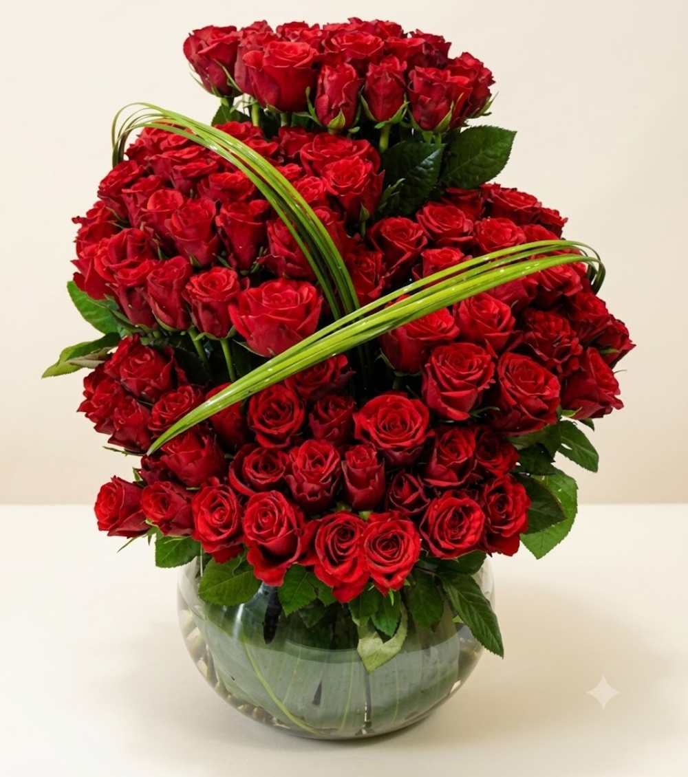 Red Roses in Glass Bowl