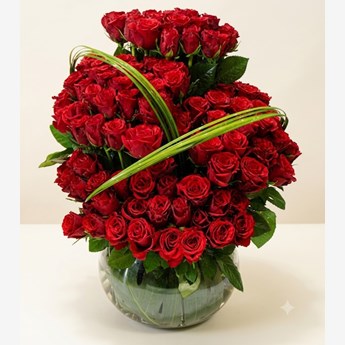 Red Roses in Glass Bowl