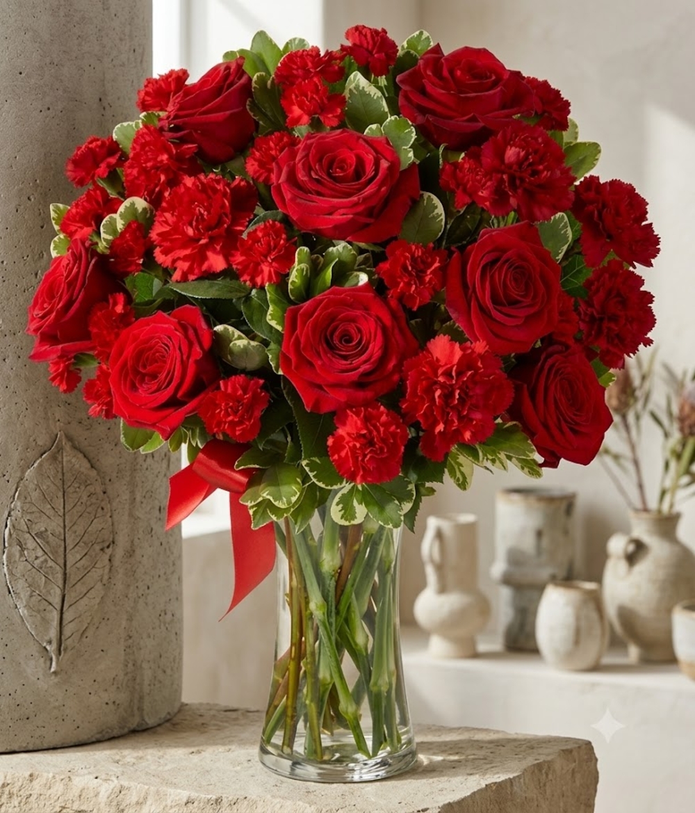 15 Fresh Red Roses in a Vase