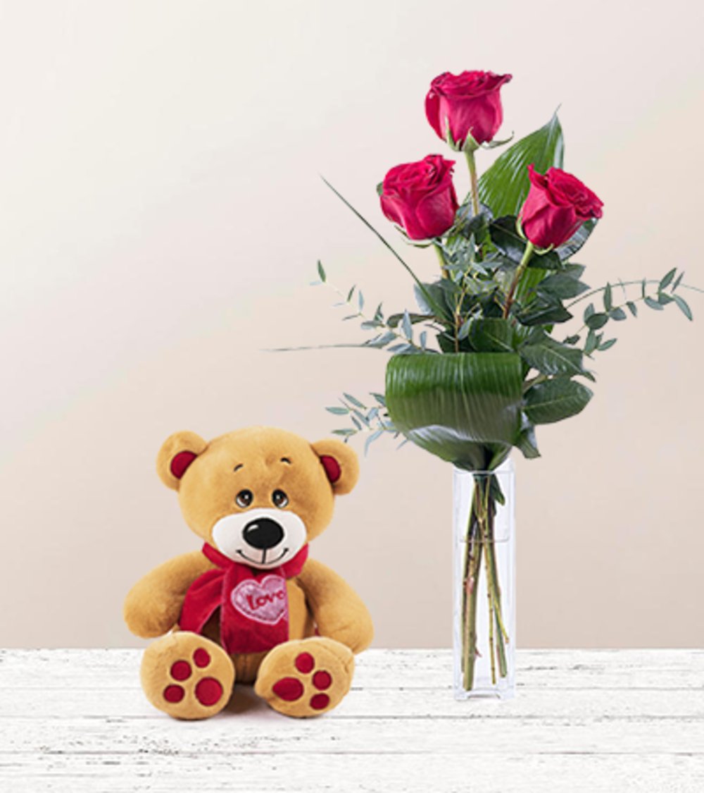 First Love Teddy_3 red roses