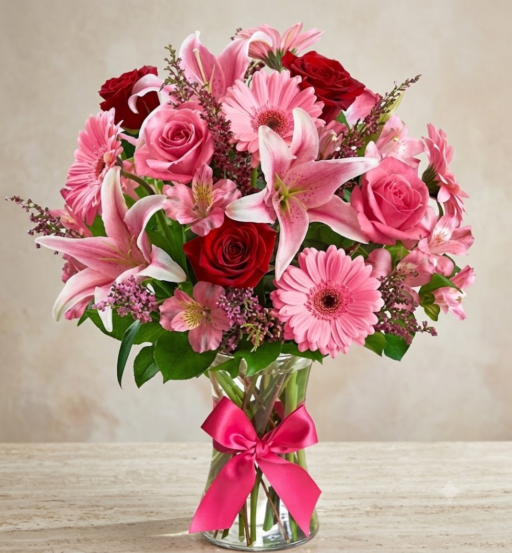 Pink Roses, Lilies and Gerberas Bouquet