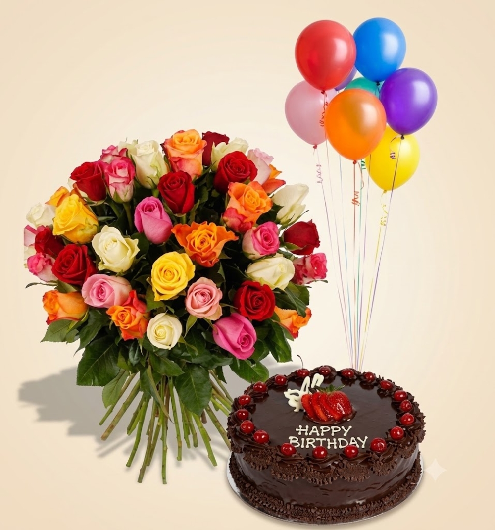Roses, Cake, and Balloons Combo